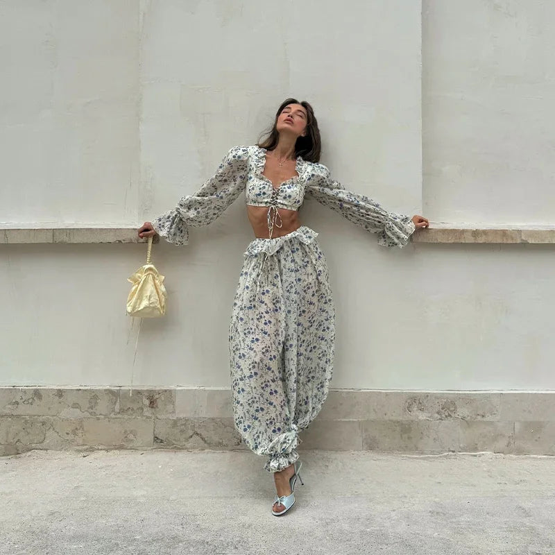 Floral Shirt Trouser Set Puff Sleeves