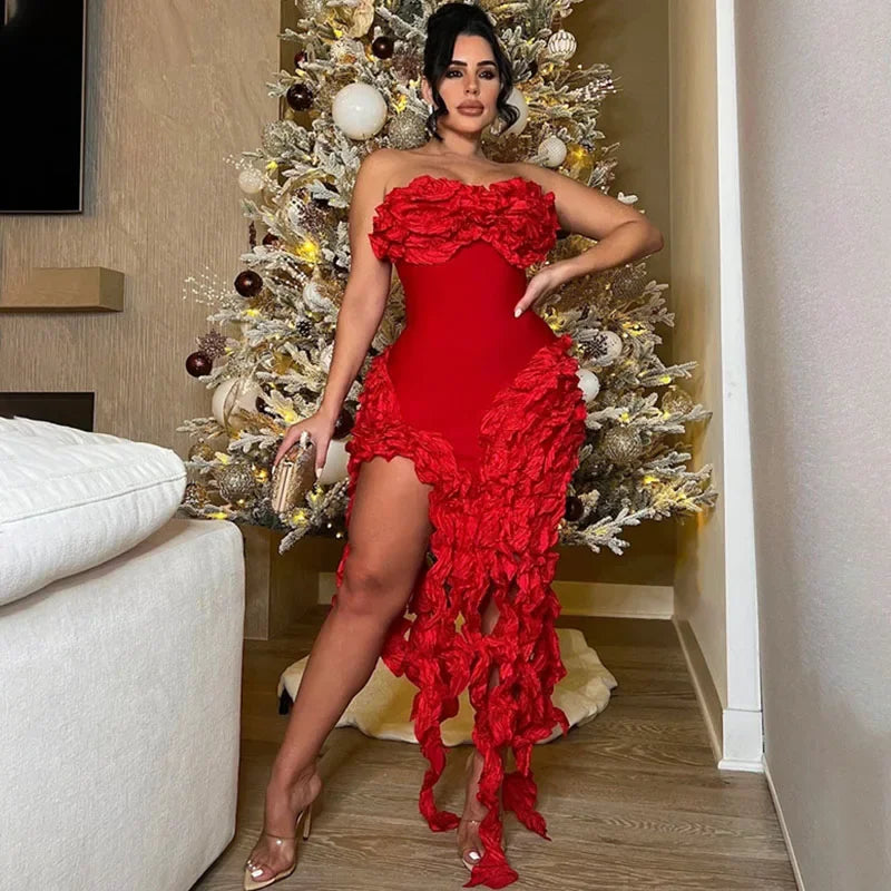 Elegant Strapless Ruffled Tassel