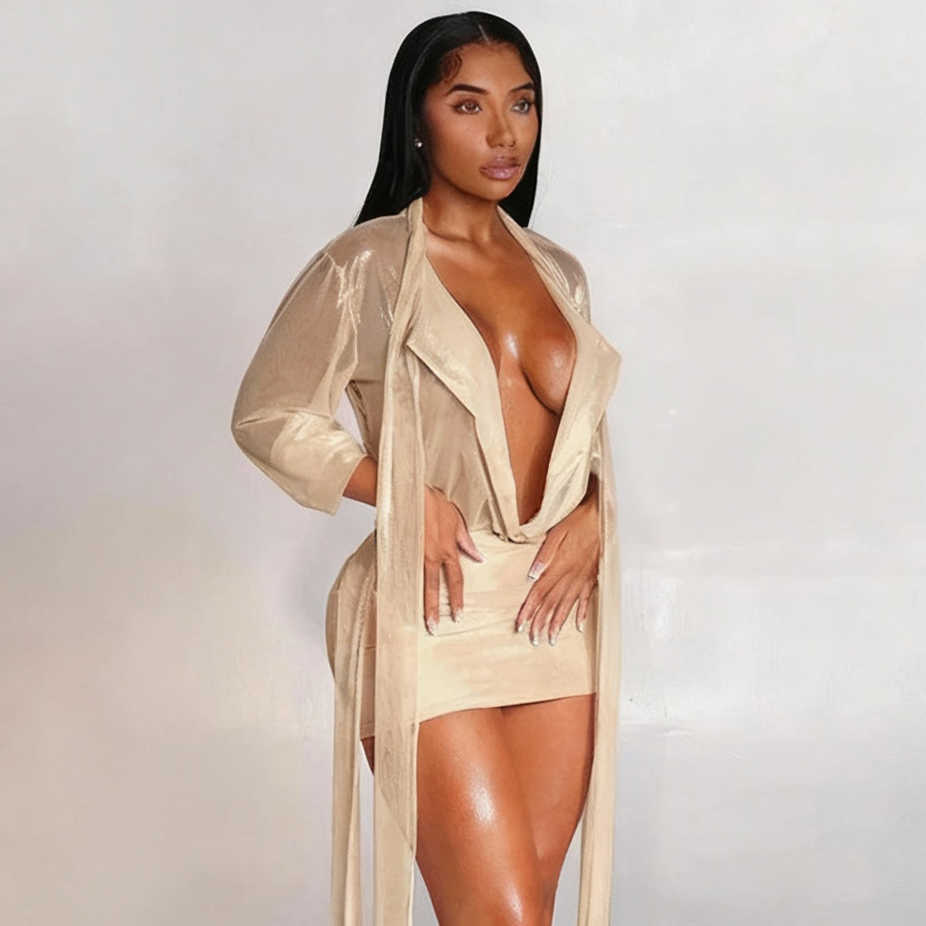 Ribbon Shirt And Mini Skirt Set