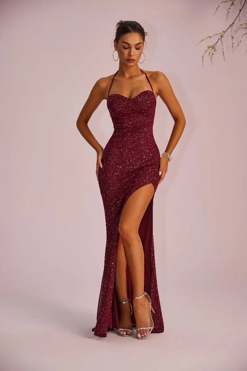 Wine Red Sequin Strapless Slit