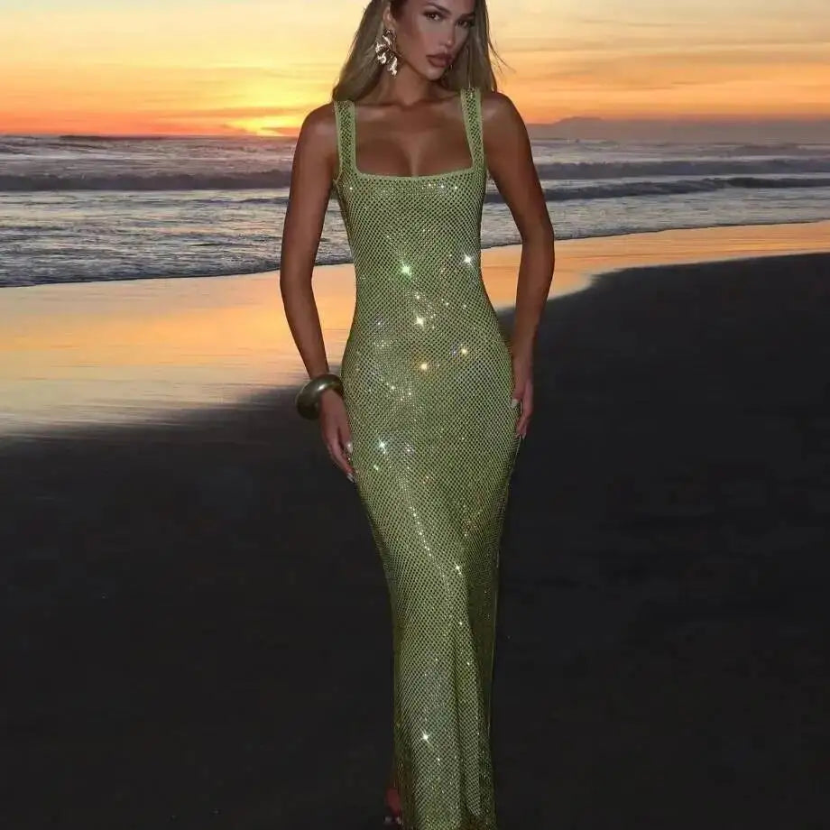 Sequined Mesh Backless Maxi Dress