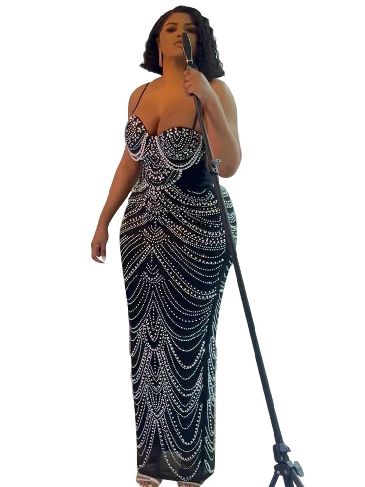 Sparkly Rhinestone Pearl Evening Gown Women