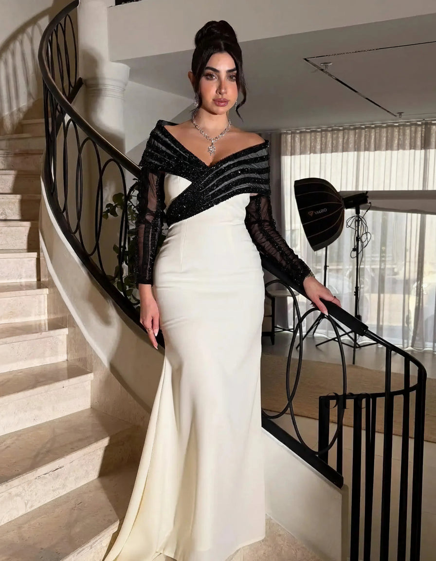Elegant Off Shoulder White/Black Mermaid Dress