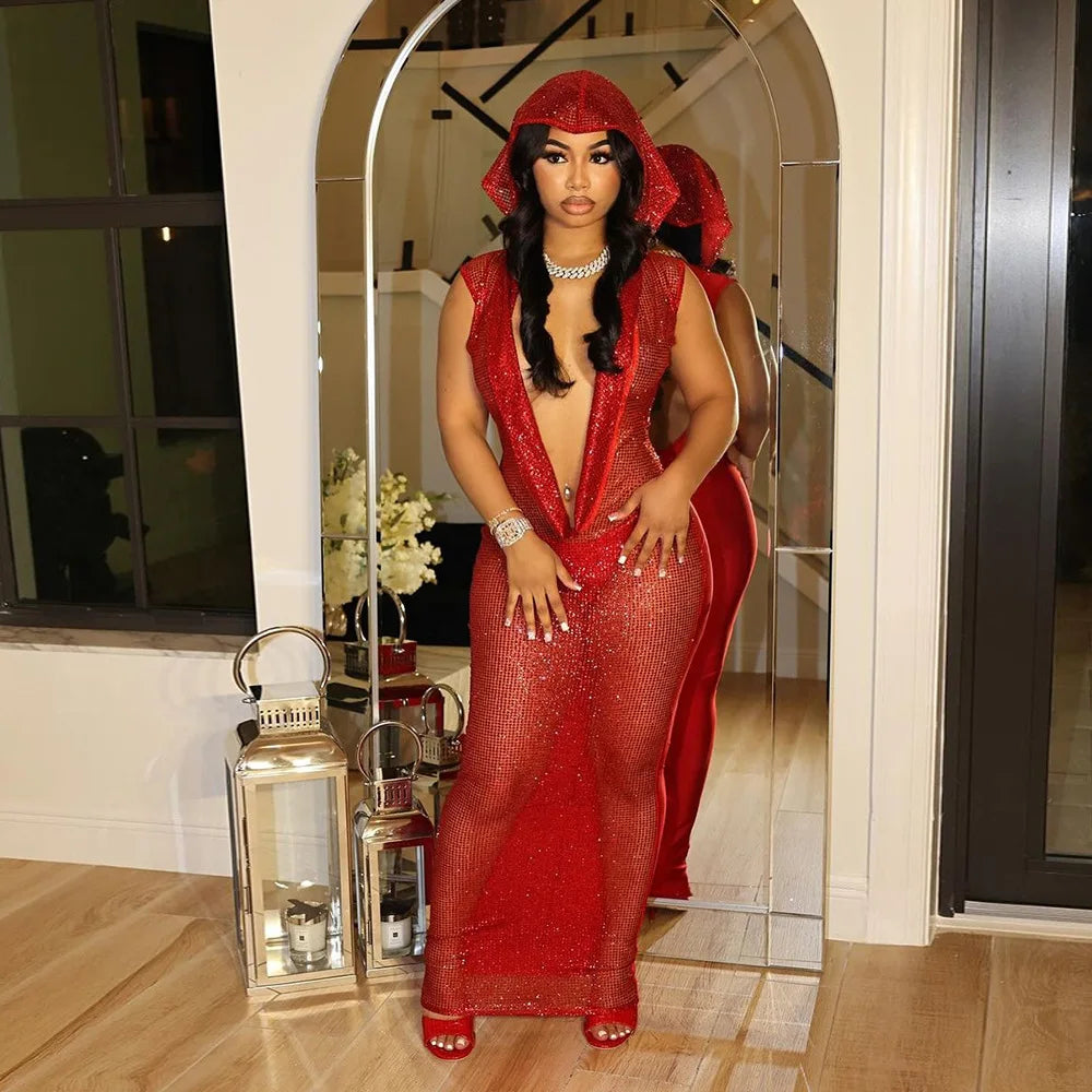 Sexy Deep V Sequin Hooded Maxi Dress