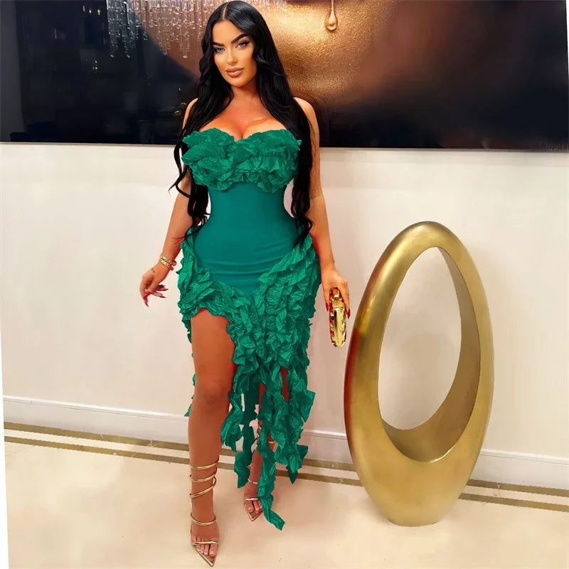 Elegant Strapless Ruffled Tassel