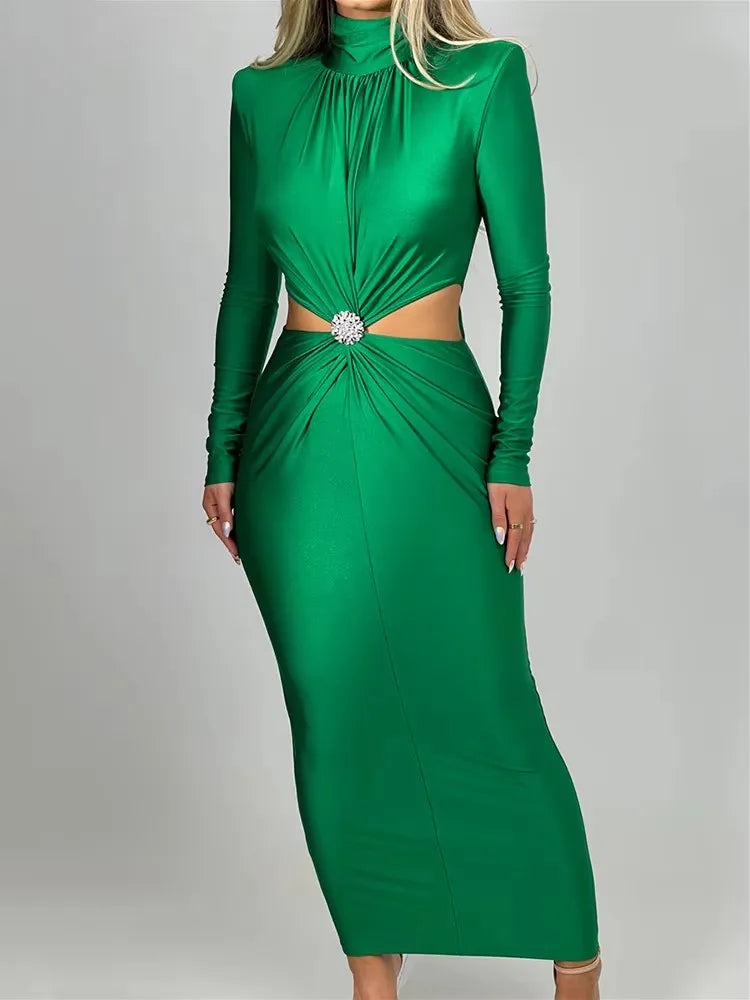 Elegant Hollow Out Turtleneck Maxi Dress
