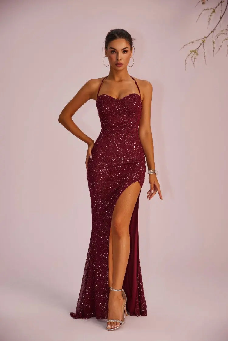Wine Red Sequin Strapless Slit