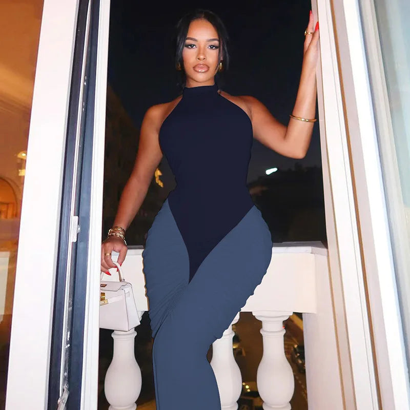 Sexy Contrast Patchwork Halter Maxi Dress