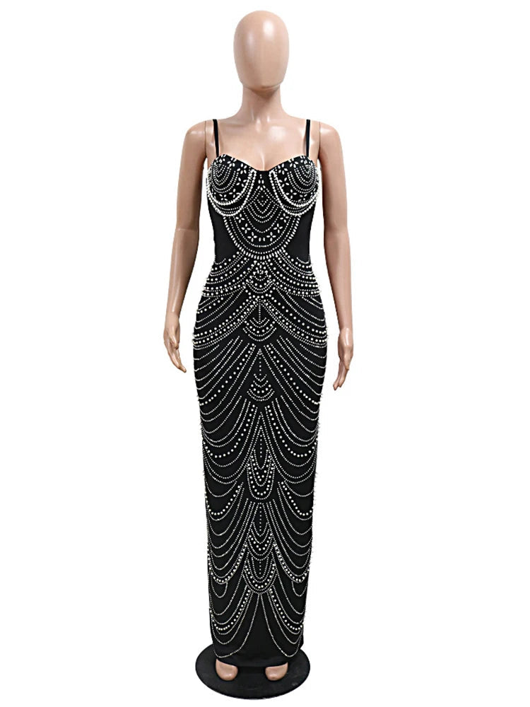 Sparkly Rhinestone Pearl Evening Gown Women