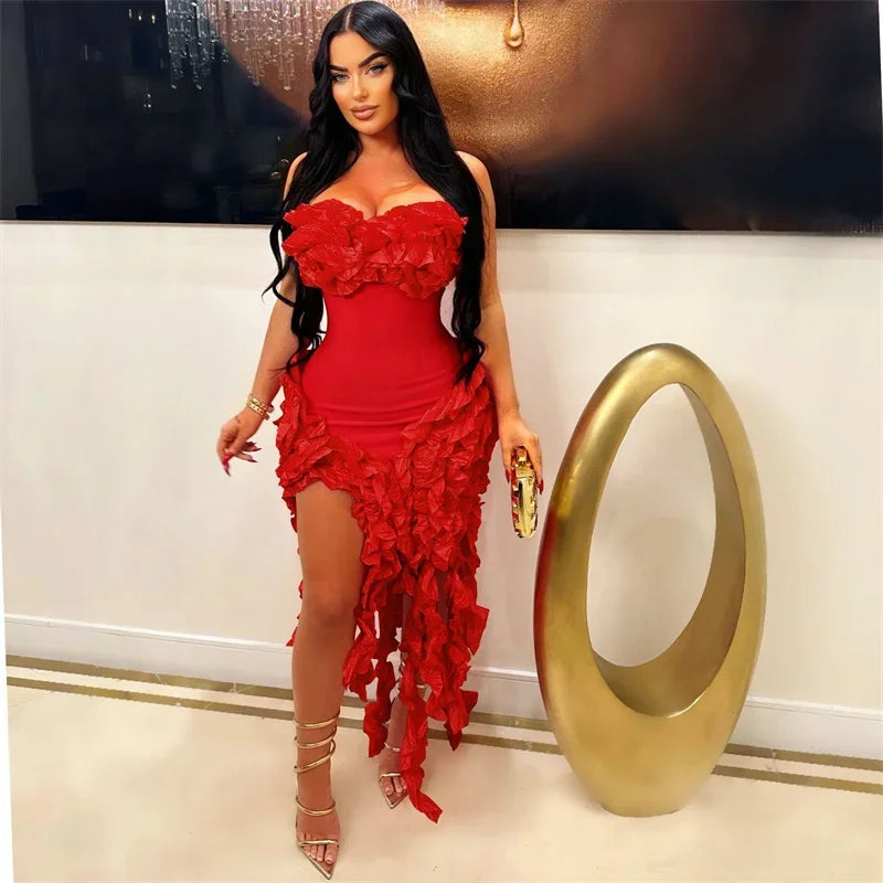 Elegant Strapless Ruffled Tassel