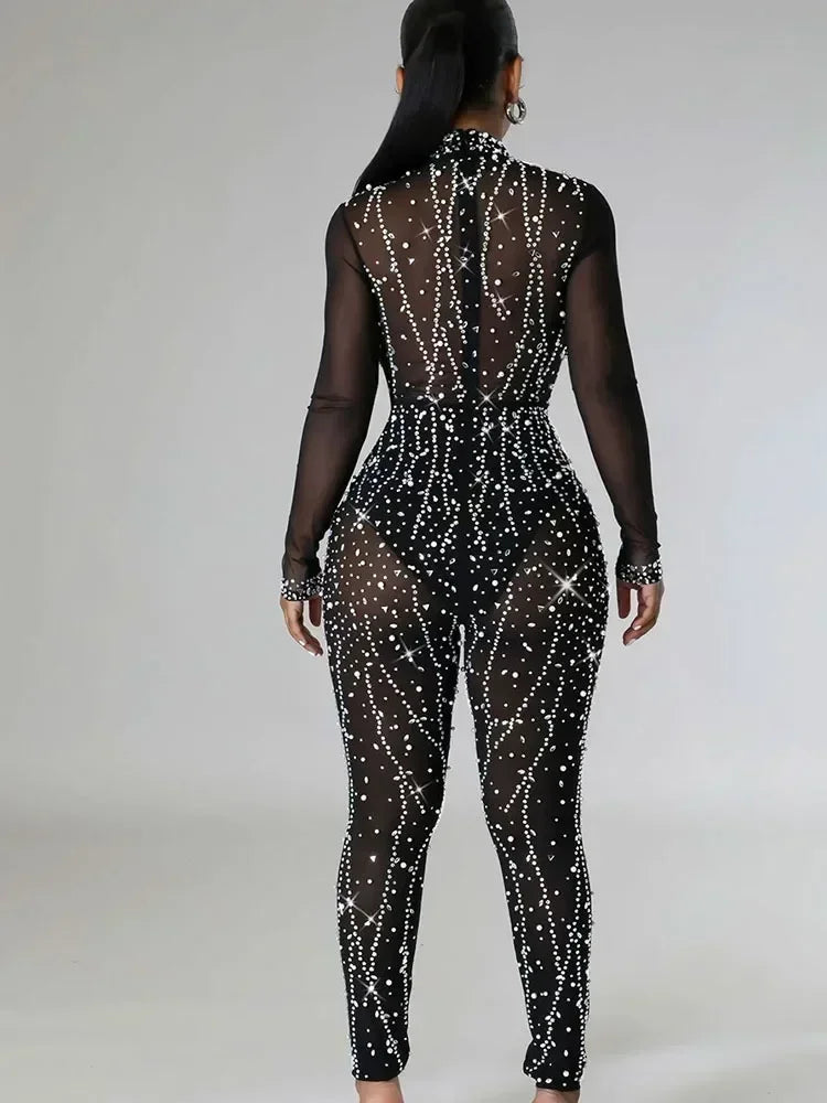 Pearl Rhinestone Romper Mesh See through