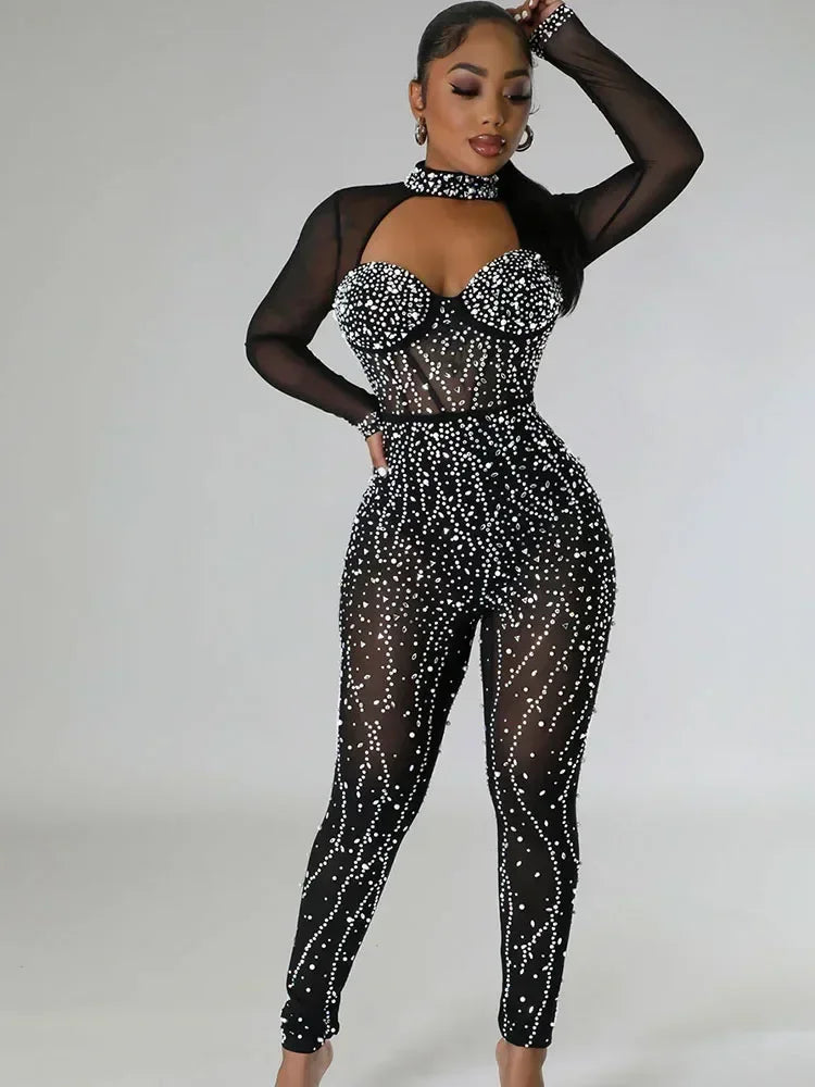 Pearl Rhinestone Romper Mesh See through