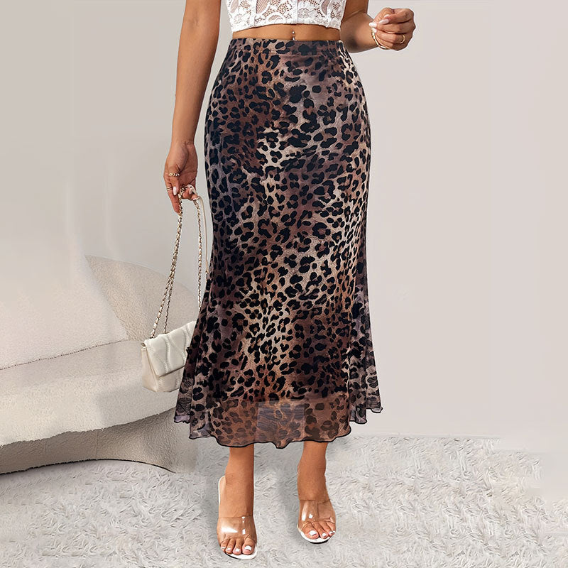 Leopard Print See-through Mesh Skirt