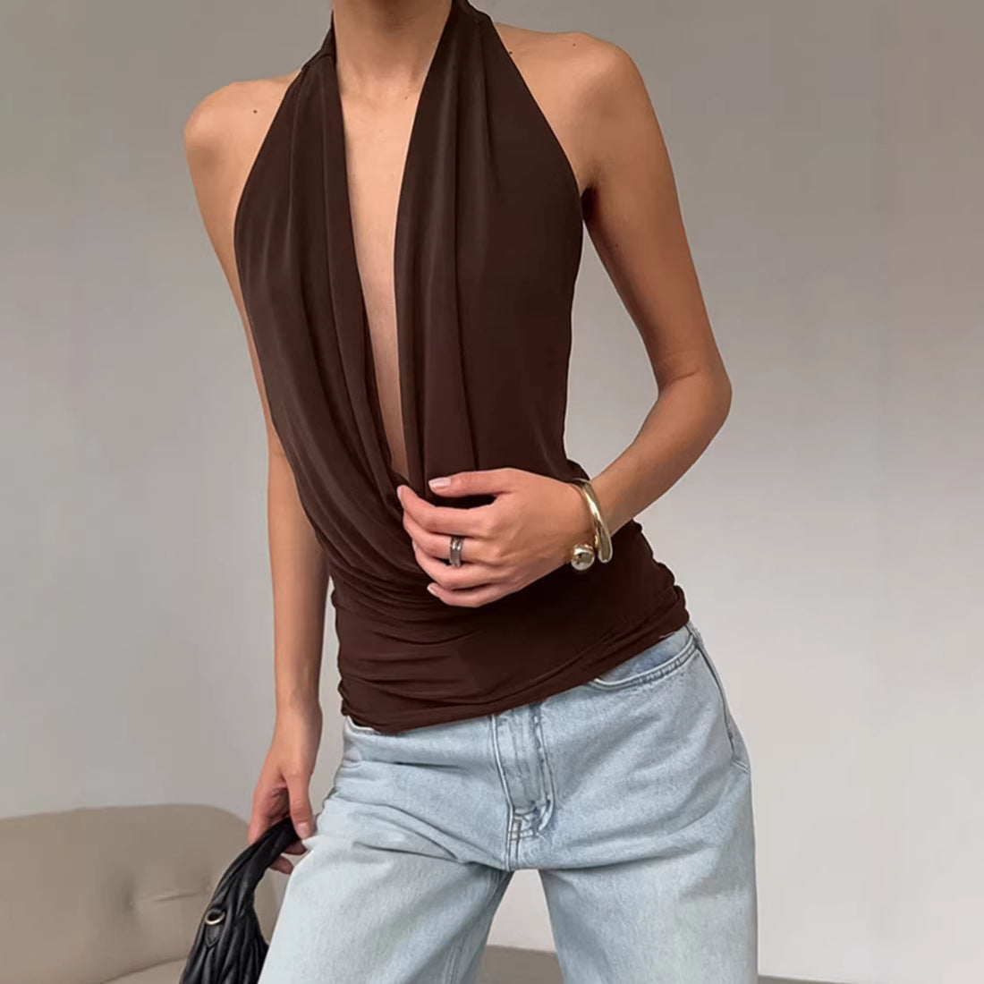 Spring Summer Designer Knitted Backless Boat-Neck