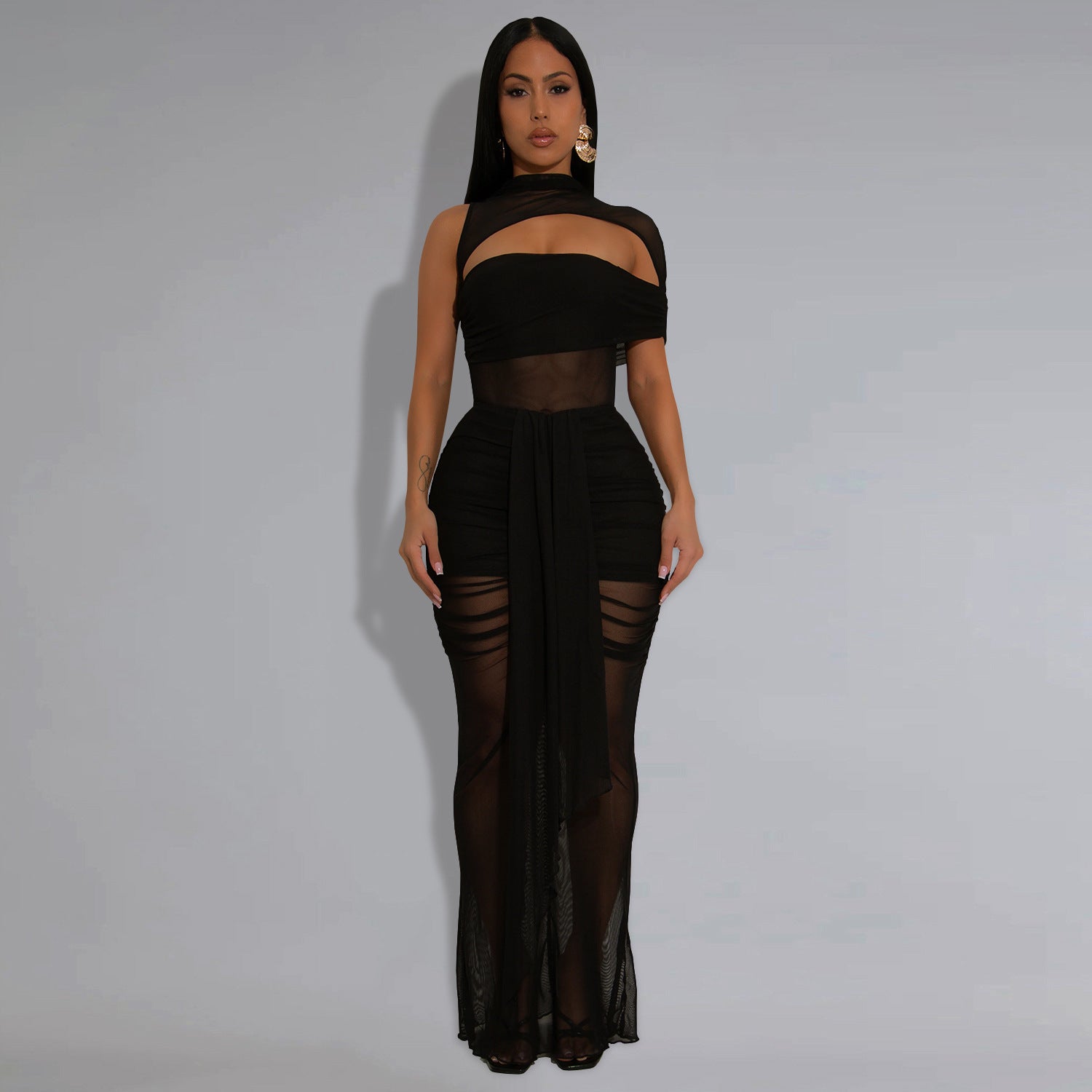 Sexy Transparent Mesh Arm Covering Dress