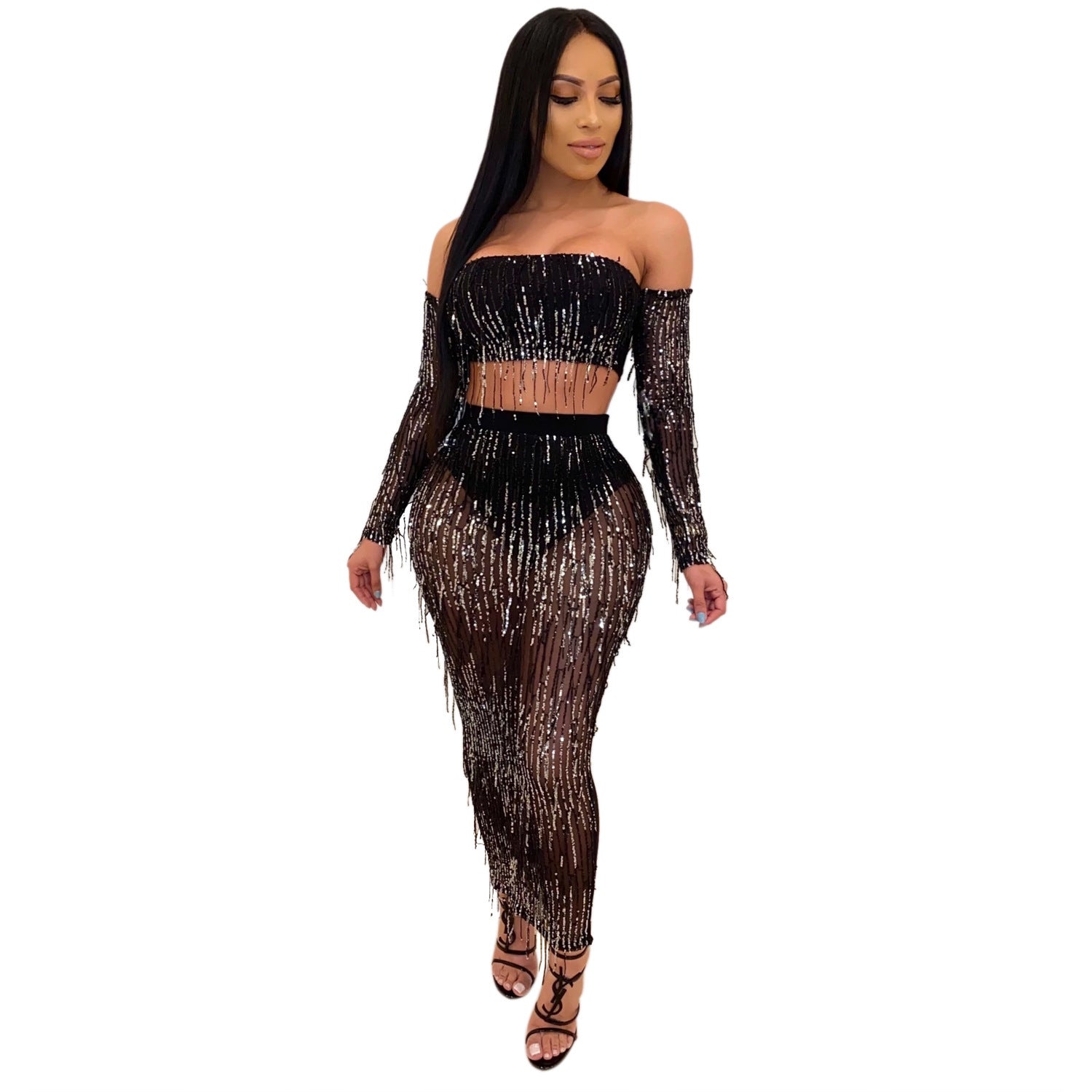 Sexy Mesh Sequin Tassel Set