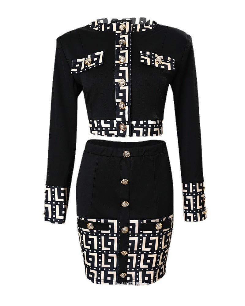 Printed Stitching Dress Suit Set