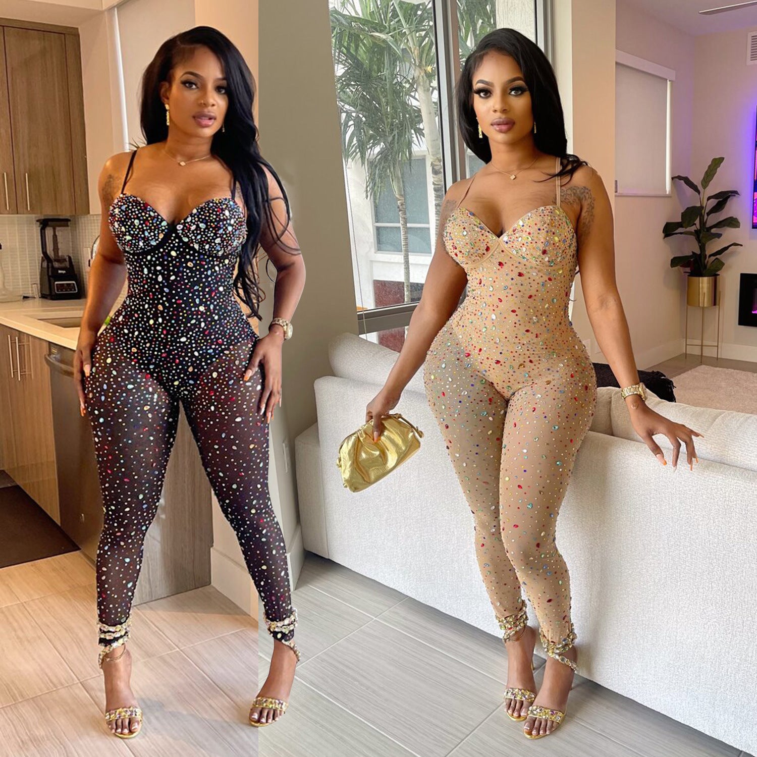 Mesh Rhinestone Women's Pants Jumpsuit