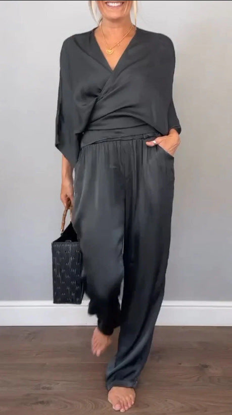Satin Short Sleeve Top And Pants Set