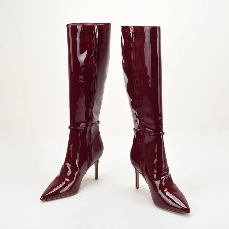 Stiletto-heeled Leather Belt-buckle Zip Thigh-high Boots For Women