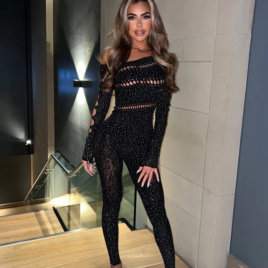 Rhinestone Fishnet Long Sleeve Bodysuit