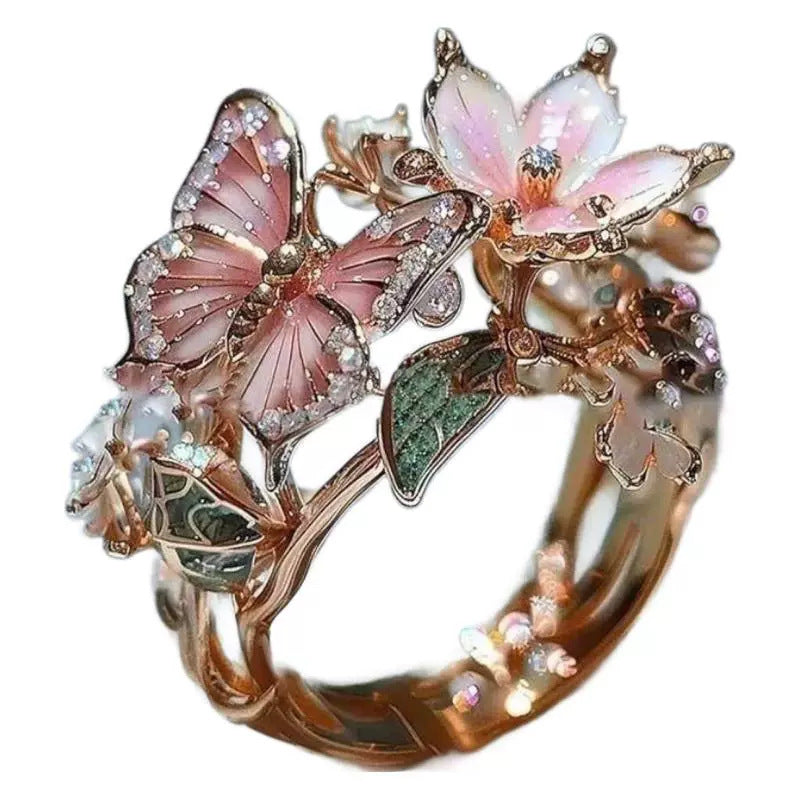 Fashion Rhinestone Butterfly Flower Ring