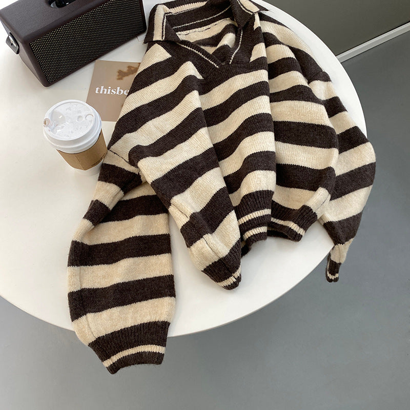 Striped Lapel Sweater Women
