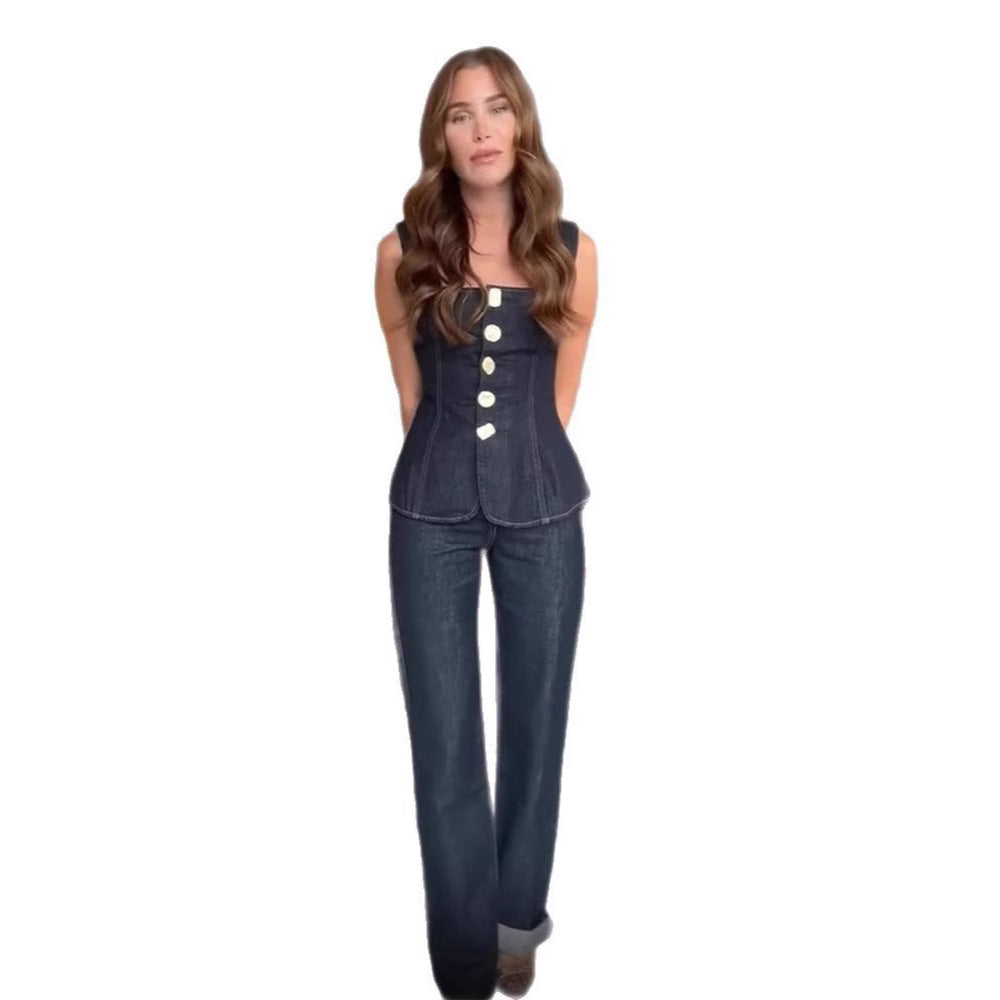 Casual Single-breasted Denim Pants
