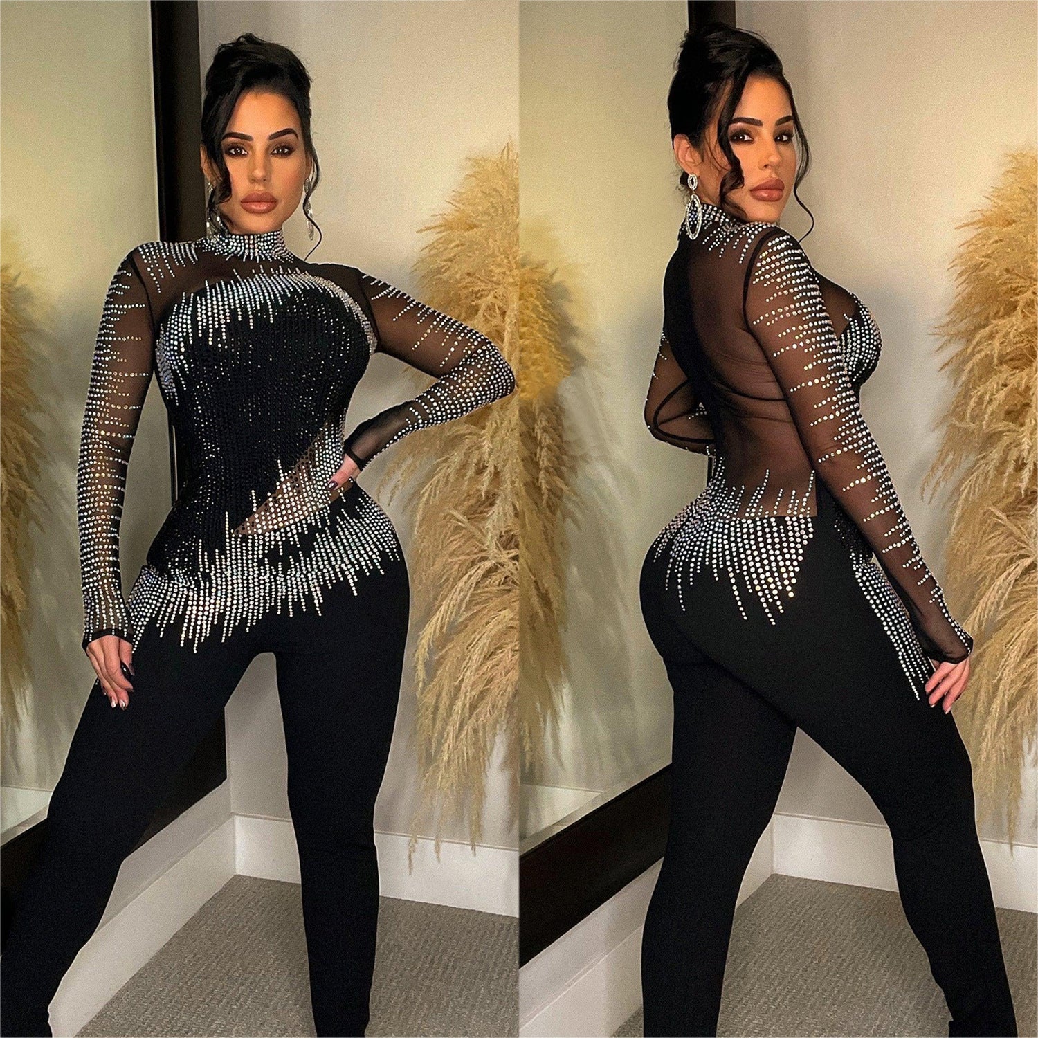 Mesh Rhinestone Long Sleeve Jumpsuit