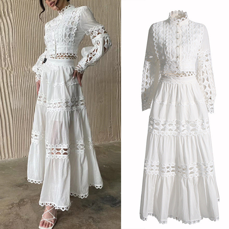 Lace Collar Long Sleeve Two-Piece Set
