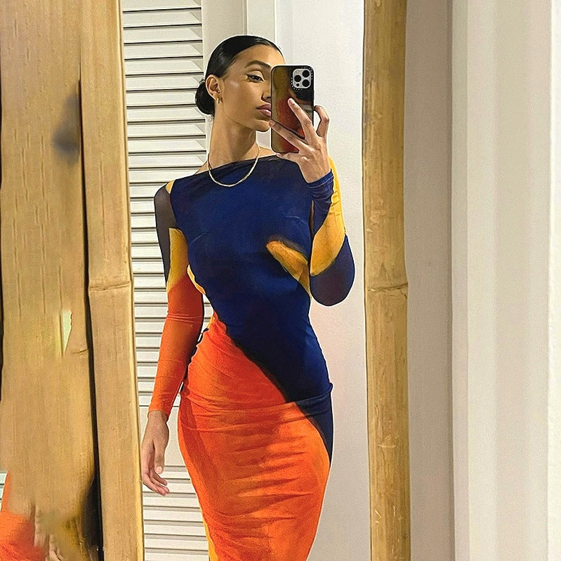Mesh Printed Backless Maxi Dress