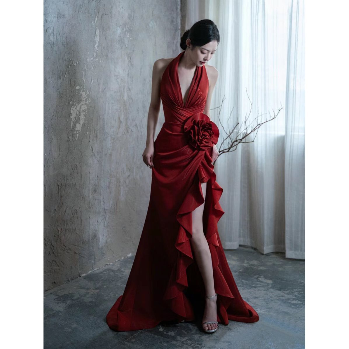 Wine Red Halter Wedding Dress