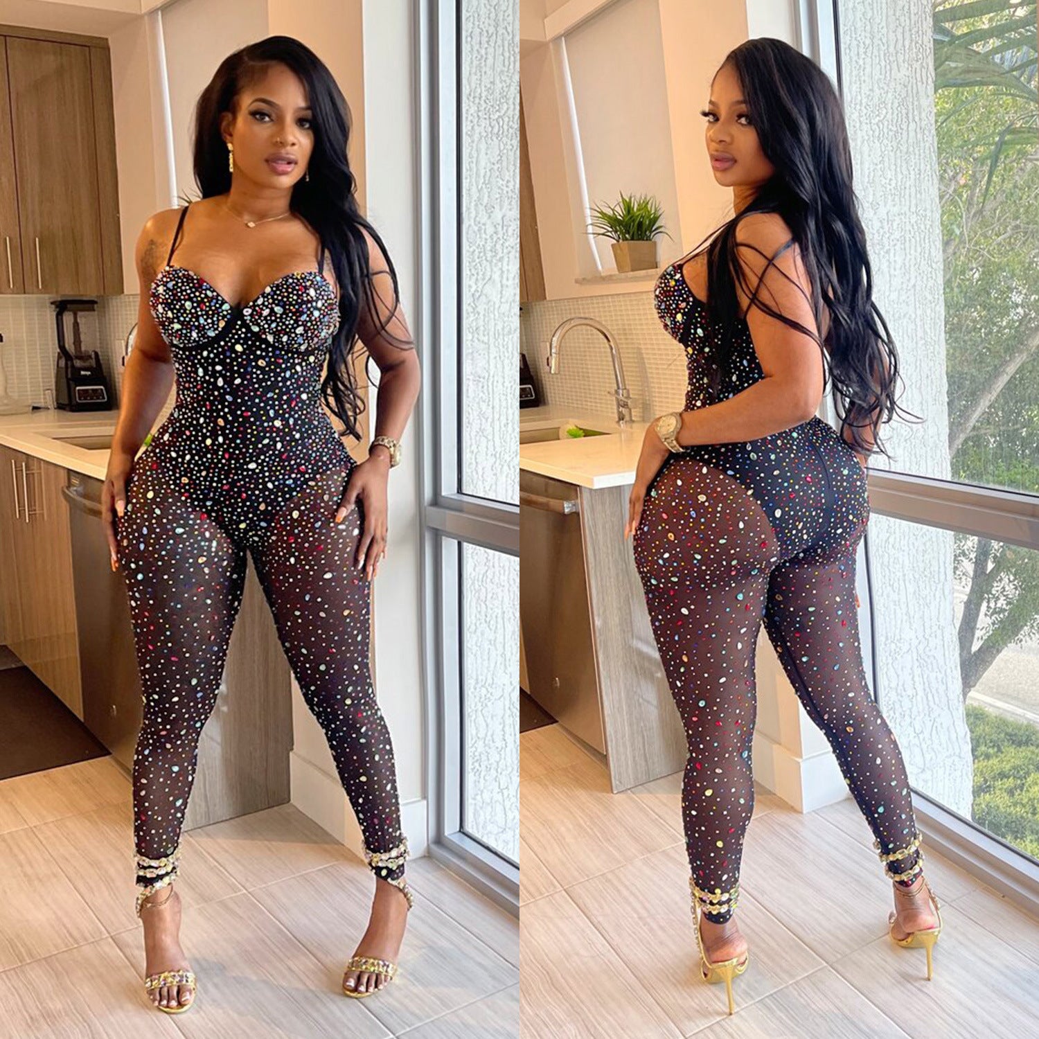 Mesh Rhinestone Women's Pants Jumpsuit