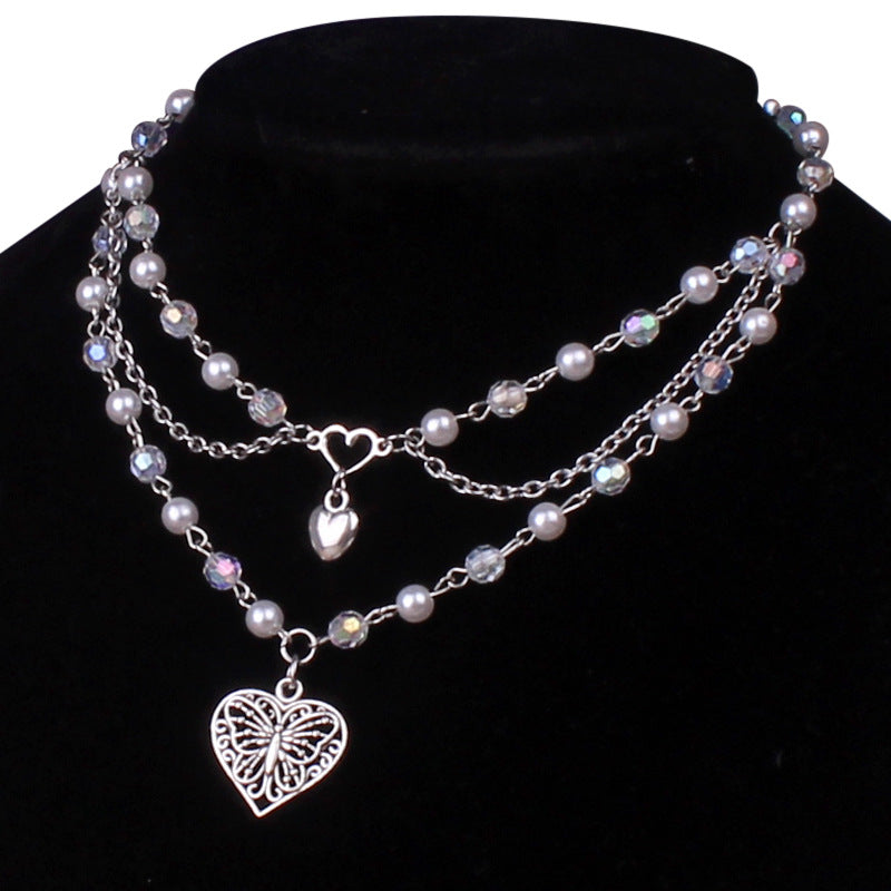 Multilayer Butterfly Pearl Heart Choker