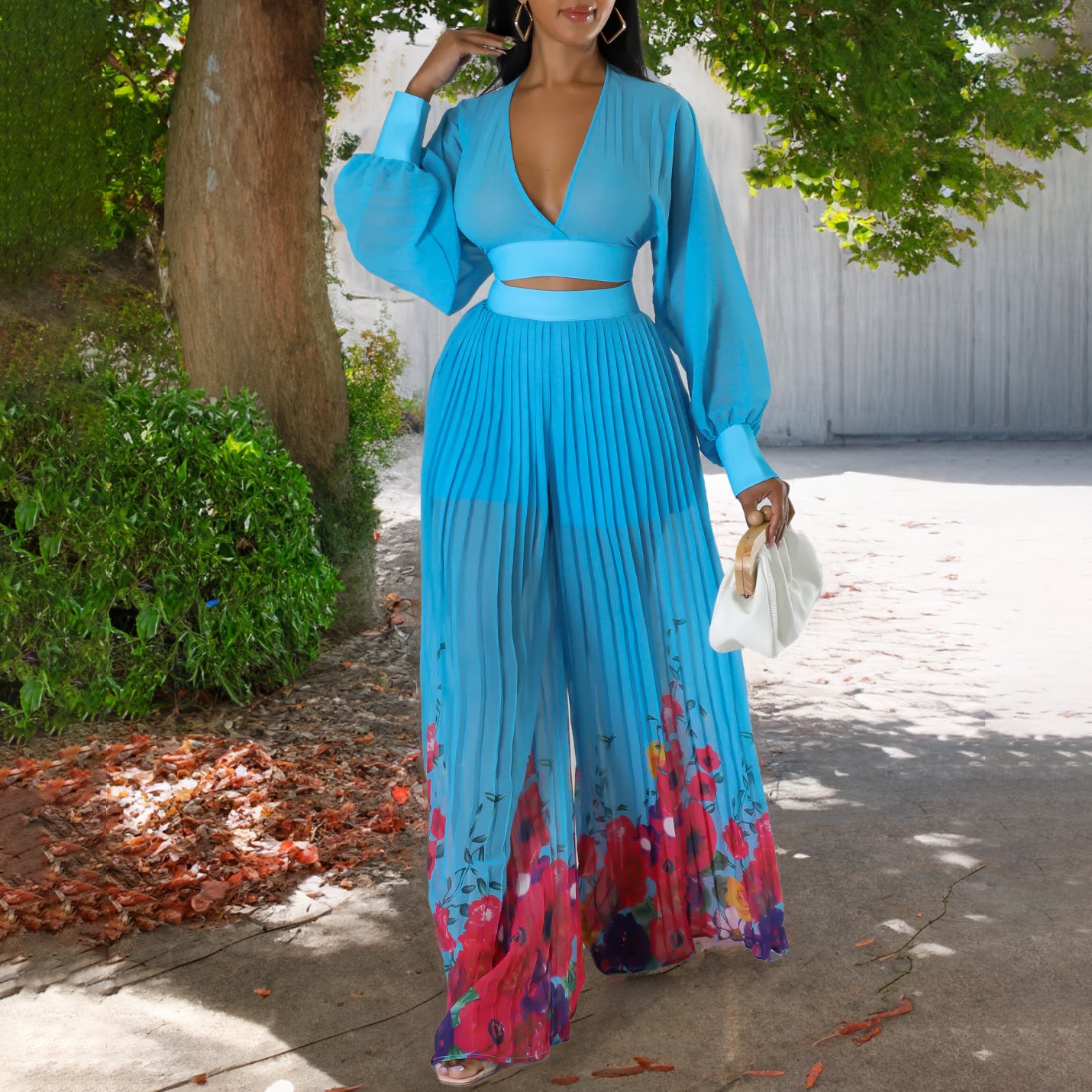 Chiffon V-Neck Wide Leg Pants Suit