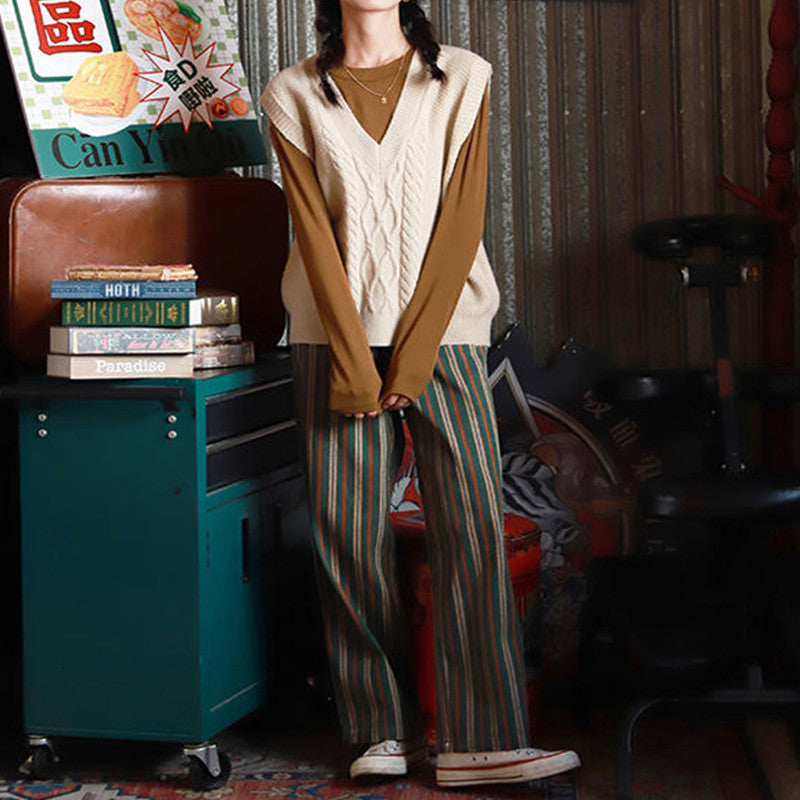 High-Waist Green Striped Wide-Leg Pants