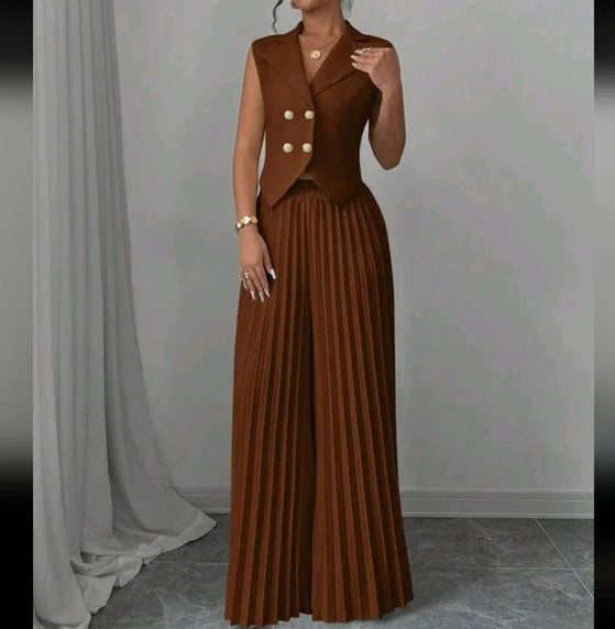 Sleeveless Lapel & Pleated Pants Two-Piece Set