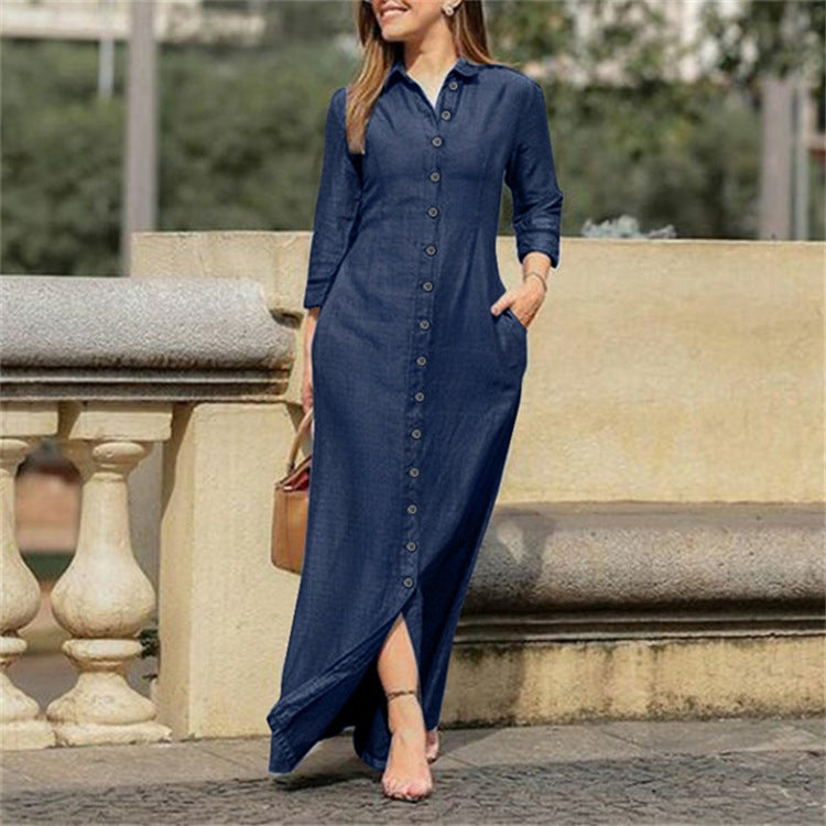 Denim Shirt Collar Maxi Dress