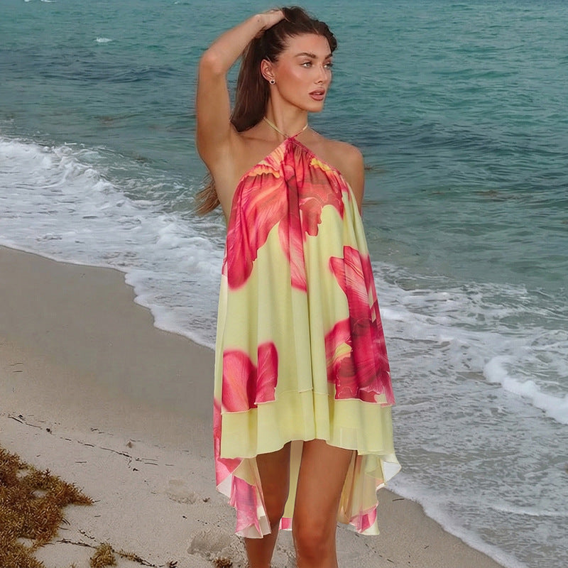SpringSummer New Arrival Printed Asymmetrical Skirt Backless Casual Resort Chic Body-Limiting Dress For Women