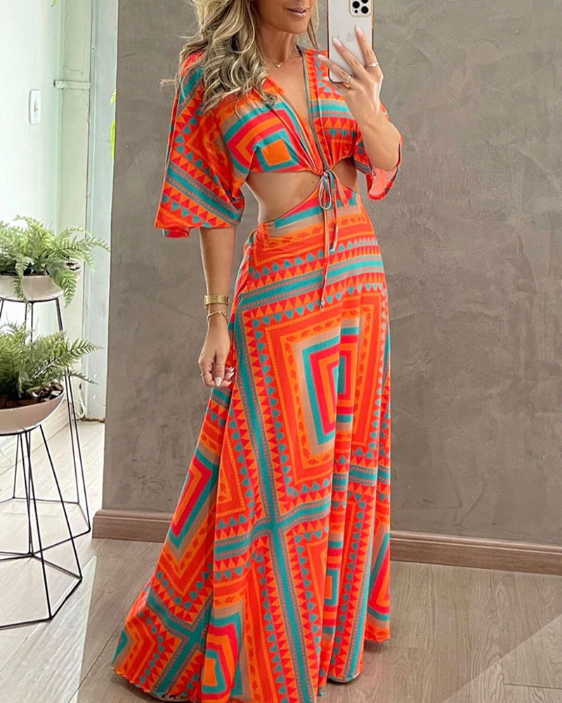 Geometric Pattern Batwing Midriff Dress