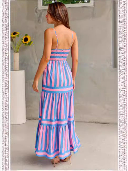 Striped Suspender Beach Maxi Dress