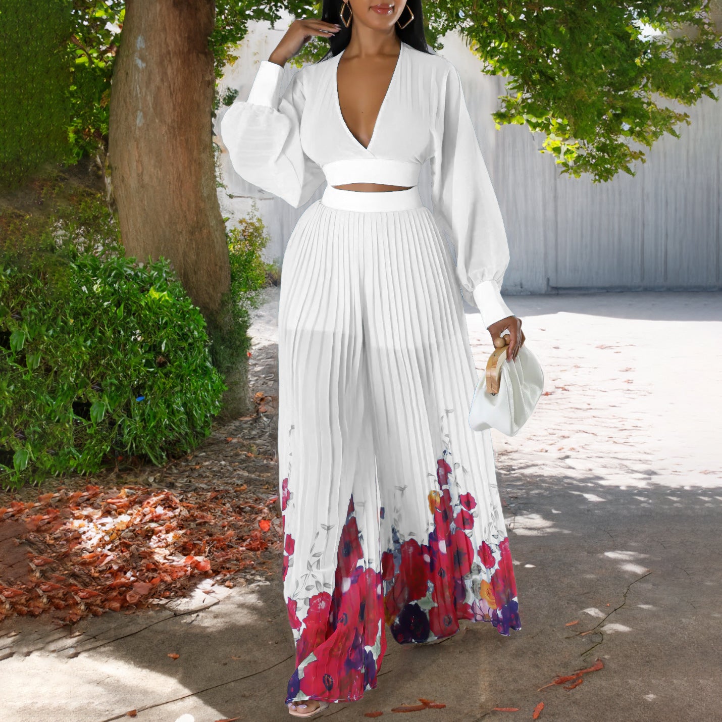 Chiffon V-Neck Wide Leg Pants Suit