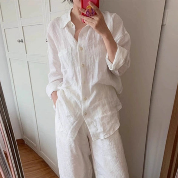 Linen-cotton White Shirt And Pants Set