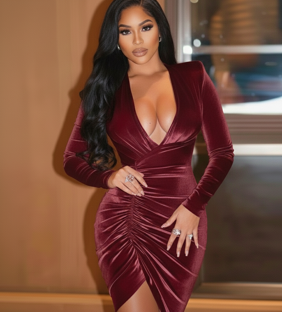 Velvet Long Sleeve A-Line Dress – Mid-Calf Elegant