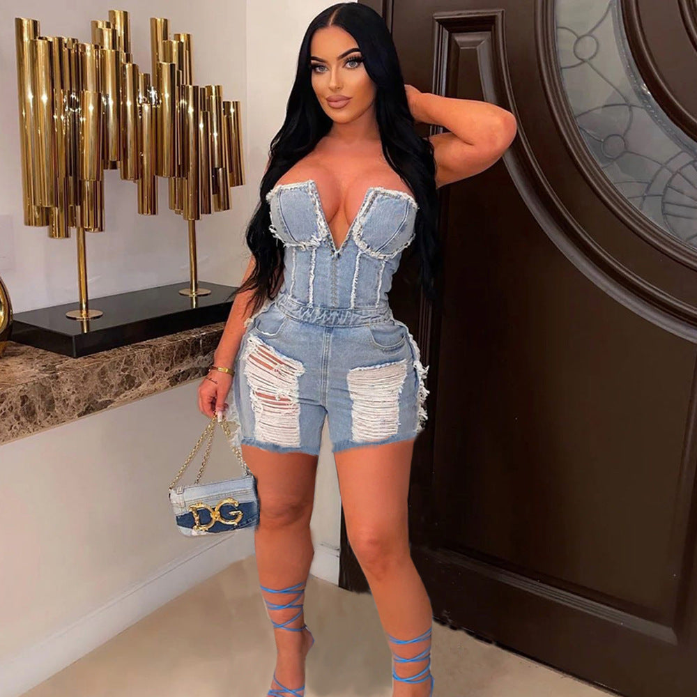 Hollow Ripped Denim Women's Jumpsuit
