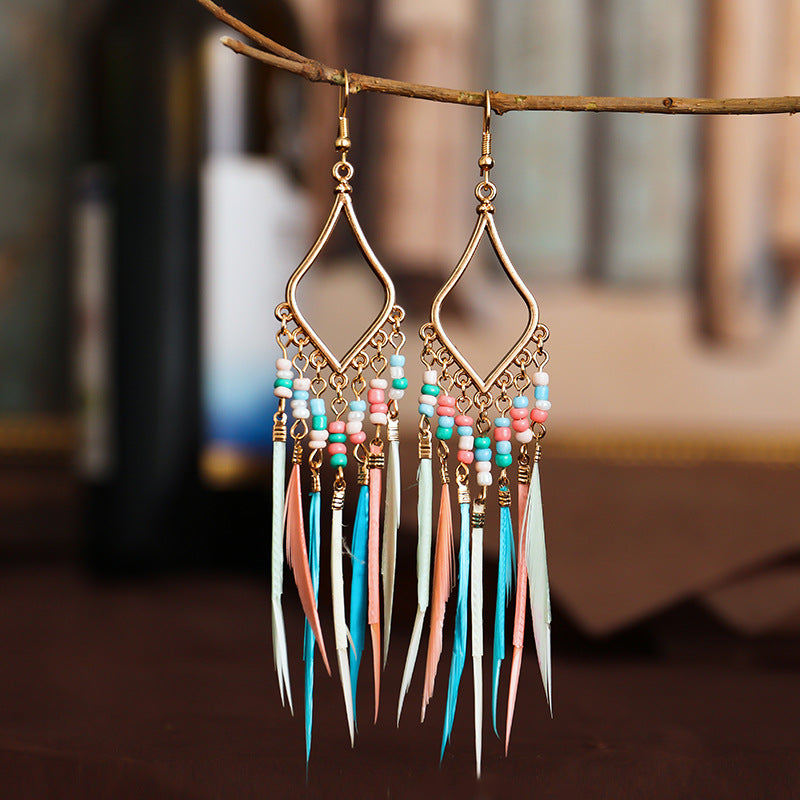 Colorful Beads Tassel Feather Earrings Women
