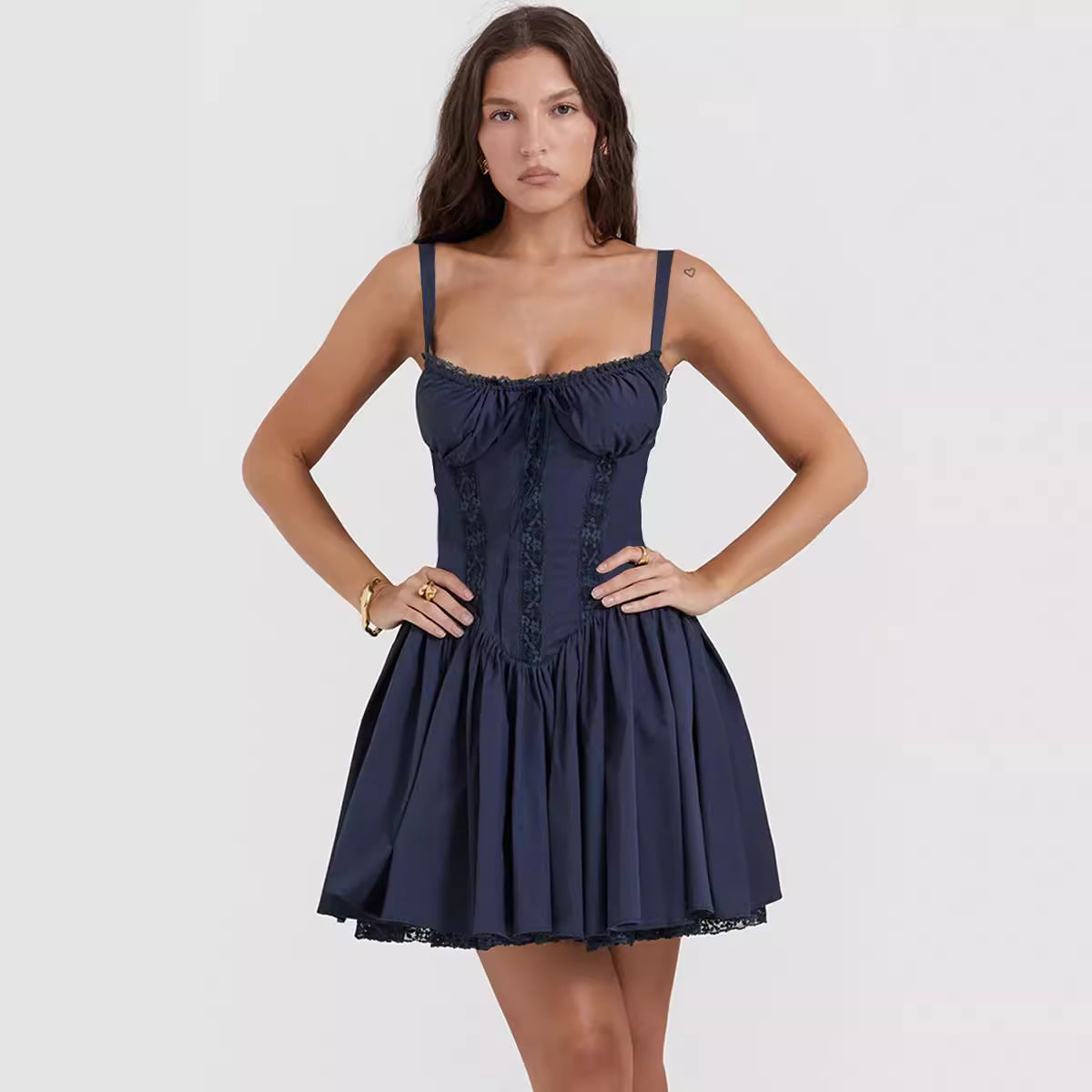 Lace-Up Pleated Mini Dress