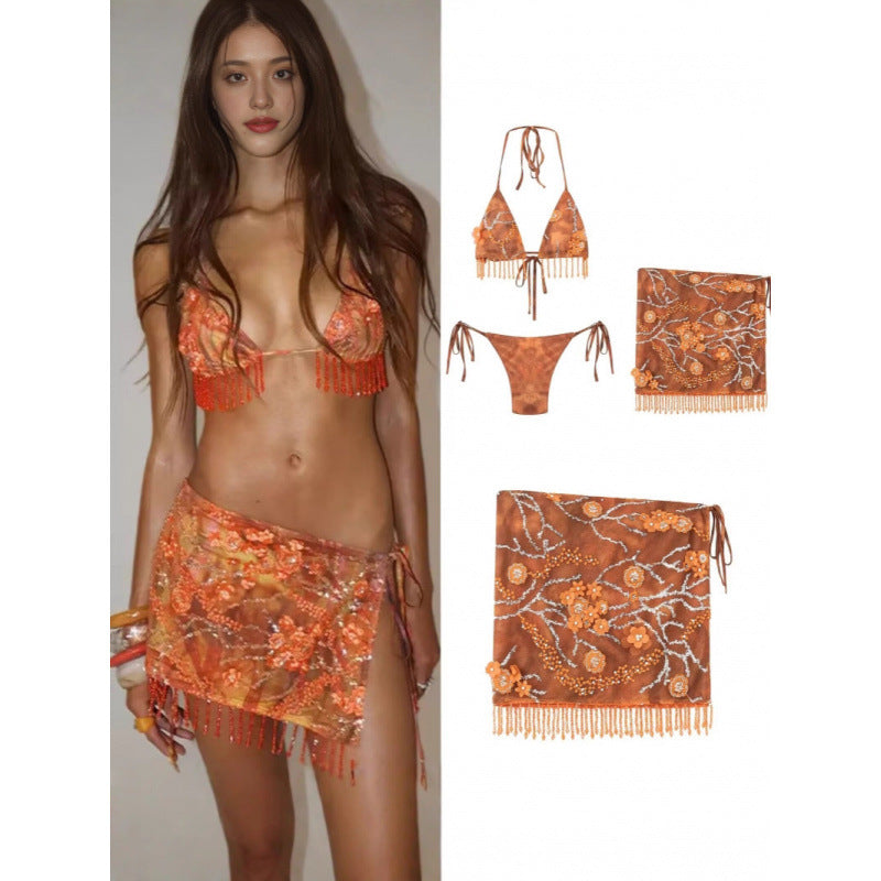 Resort-Style Bikini Tassel Skirt Set