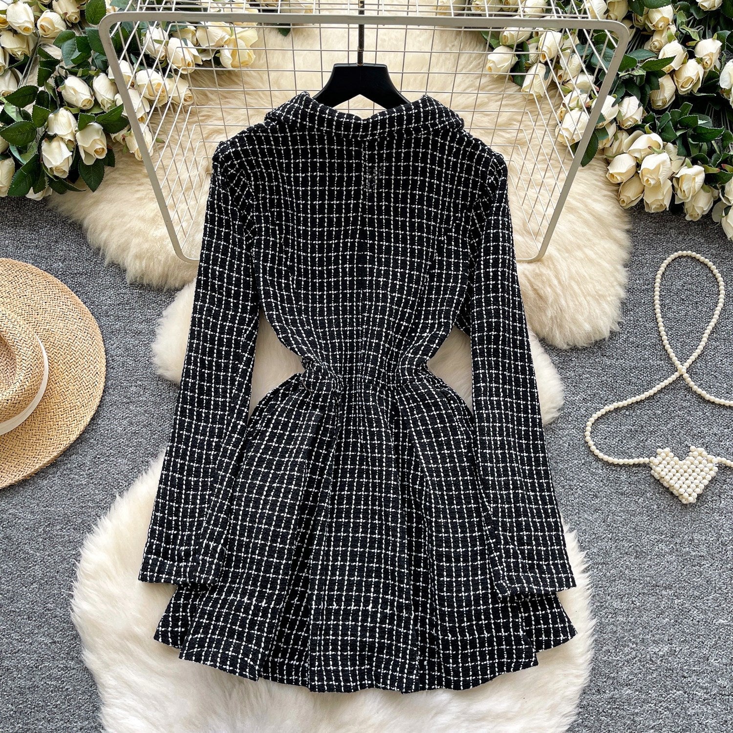 Vintage Double-breasted Waist-cinched Long-sleeve Dress