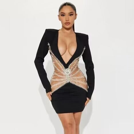 Fashion Rhinestone V-Neck Dress